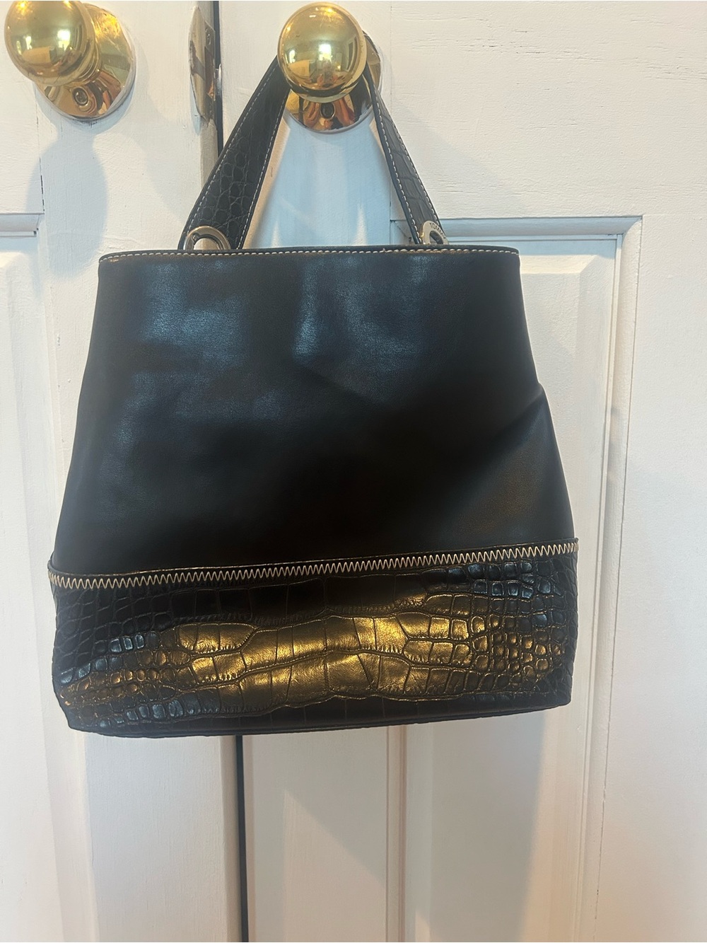 Tommy Hilfiger Black Leather Tote with Croc-Accent